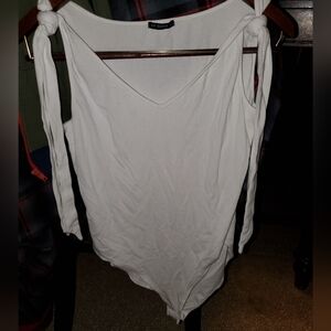 White Shoulder Tie Body Suit With Snap Crotch Lg